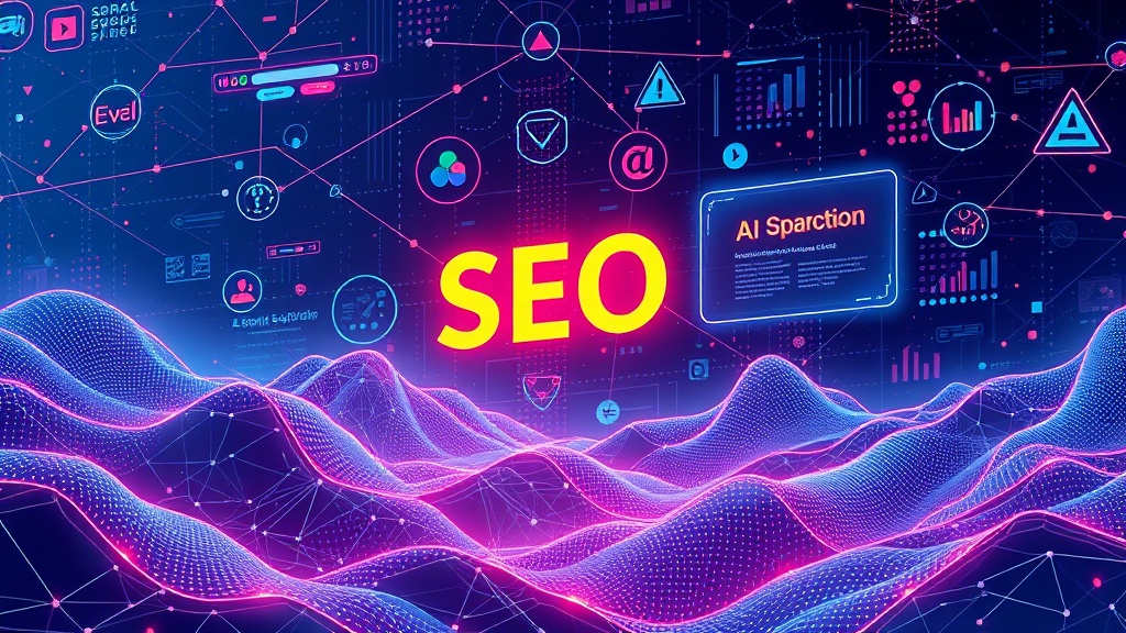 AI와 SEO 트렌드가 융합되는 미래지향적 디지털 환경을 표현한 히어로 이미지