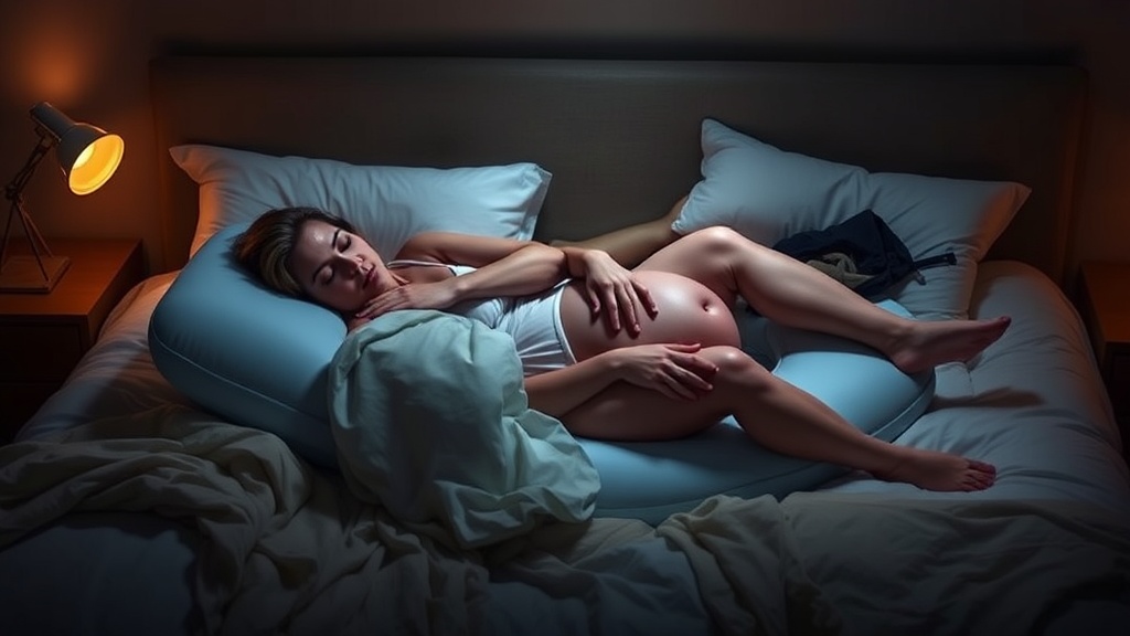 임산부가 문피스 바디필로우를 사용하여 편안하게 옆으로 누워 수면하는 모습, 조용하고 안정적인 침실 환경